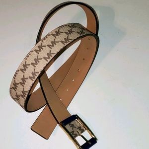 Michael Michael Kors women's XL tan & brown logo belt with gold tone buc…